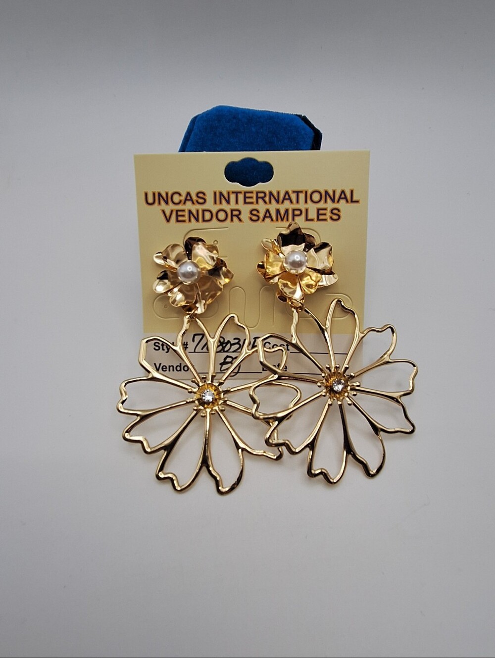 Gold Floral Statement Earrings Pearl Rhinestone Dangle Vendor Sample